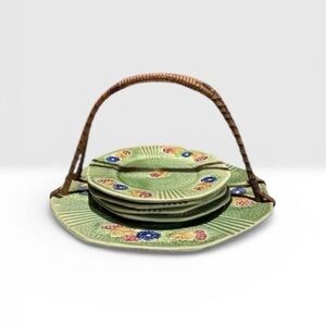 Japan Majolica Desert PlatesW/Matching Carrier Wicker Handle Olive Green 5pc VTG